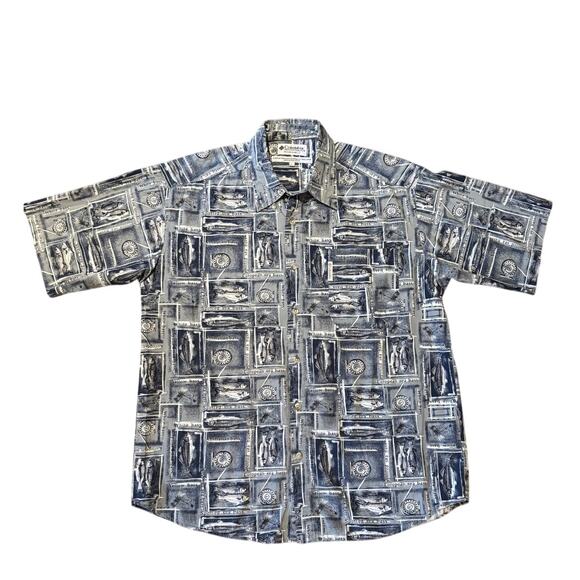 Columbia Short Sleeved Sea Bass/Fish Motif Cotton Button Front Shirt, Sz. Lg. - Picture 1 of 4